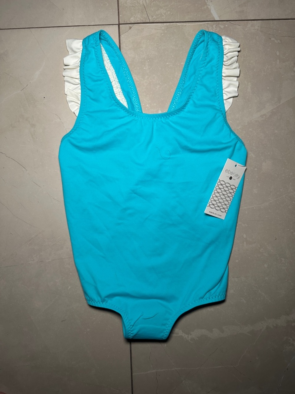 Eberjey Kids One-Piece Swimsuit Turquoise w/ White Ruffle Straps Size 8